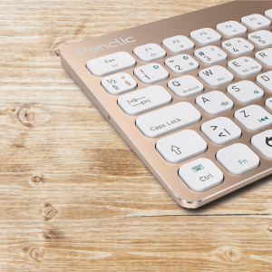 Personalize your desk space with our Mini wireless keyboard in glam gold. 